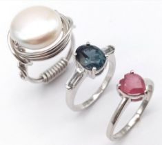 Three 925 Sterling Silver Gemstone Rings: Tourmaline - Size N, Peridot - Size N and Cultured Pearl -