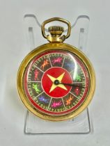 Vintage horse racing gaming pocket watch , hour hand spins and lands on horse .