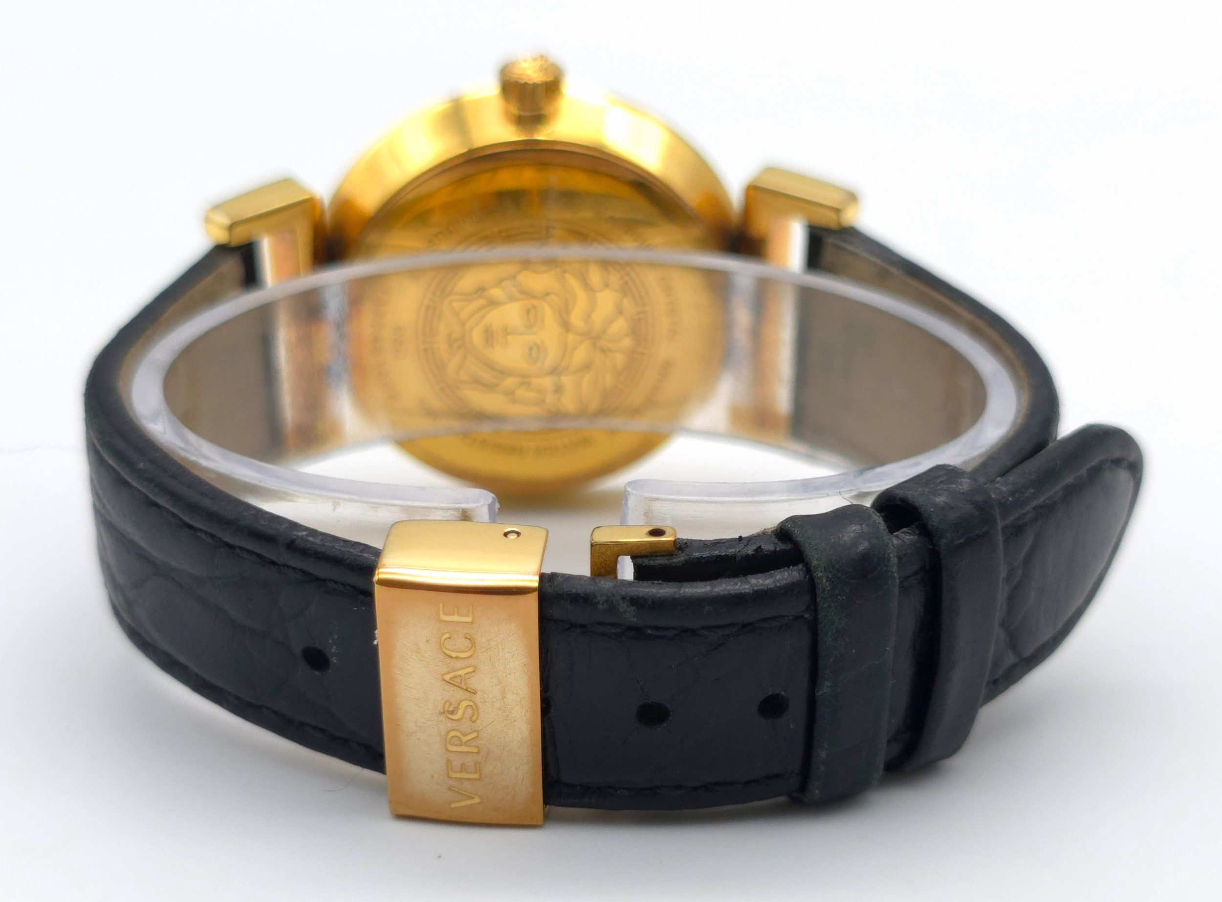 A Versace Designer Quartz Ladies Watch. Black leather and gilded strap and case - 35mm. Black dial - Image 4 of 8