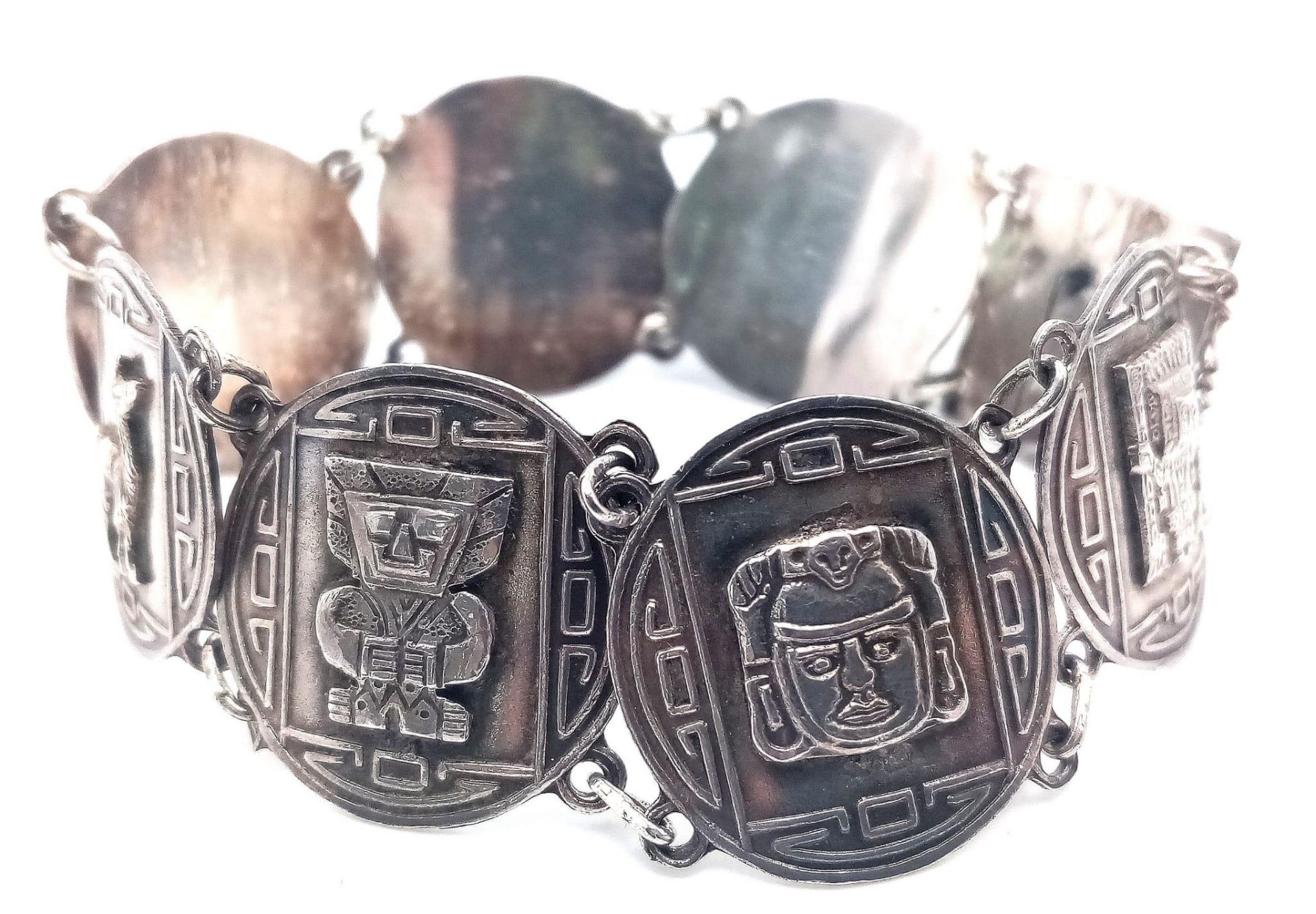 A Silver Fancy Aztec Bracelet with Safety Chain. 19cm length, 26.2g total weight. Ref: 8065 - Image 2 of 4