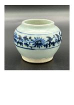 A small blue and white jar with chrysanthemum pattern, Yuan dynasty. Retrieved from Indonesia.