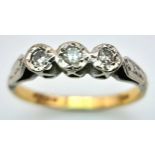 A VINTAGE 18K YELLOW GOLD DIAMOND RING. 1.8G. SIZE J.