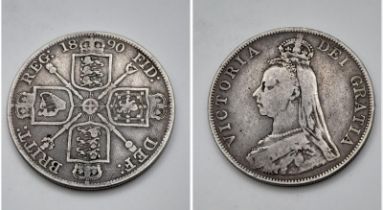 An 1890 Queen Victoria Silver Florin Coin. VF grade but please see photos.