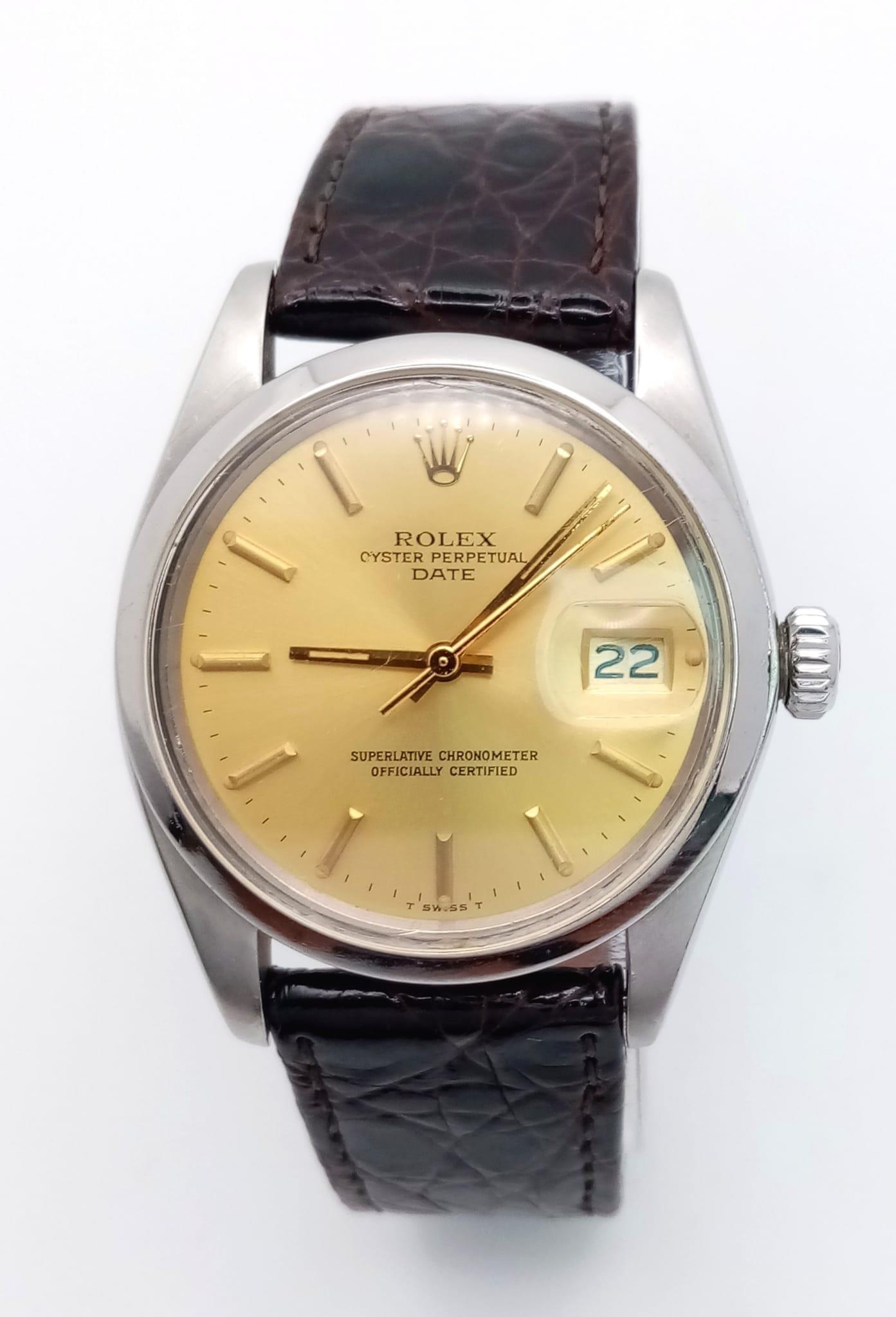 A Rolex Model 1500 Oyster Perpetual Date Automatic Gents Watch. Brown leather strap. stainless steel - Image 2 of 9