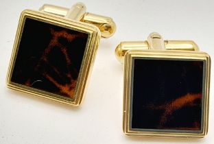 An Excellent Condition Pair of Square Yellow Gold Gilt Tortoiseshell Cufflinks by Dunhill in their