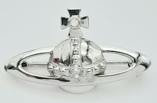 AN 18K WHITE GOLD (STAMPED AND TESTED) ROSE CUT DIAMOND SET VIVIENNE WESTWOOD BROOCH. 3.4cm
