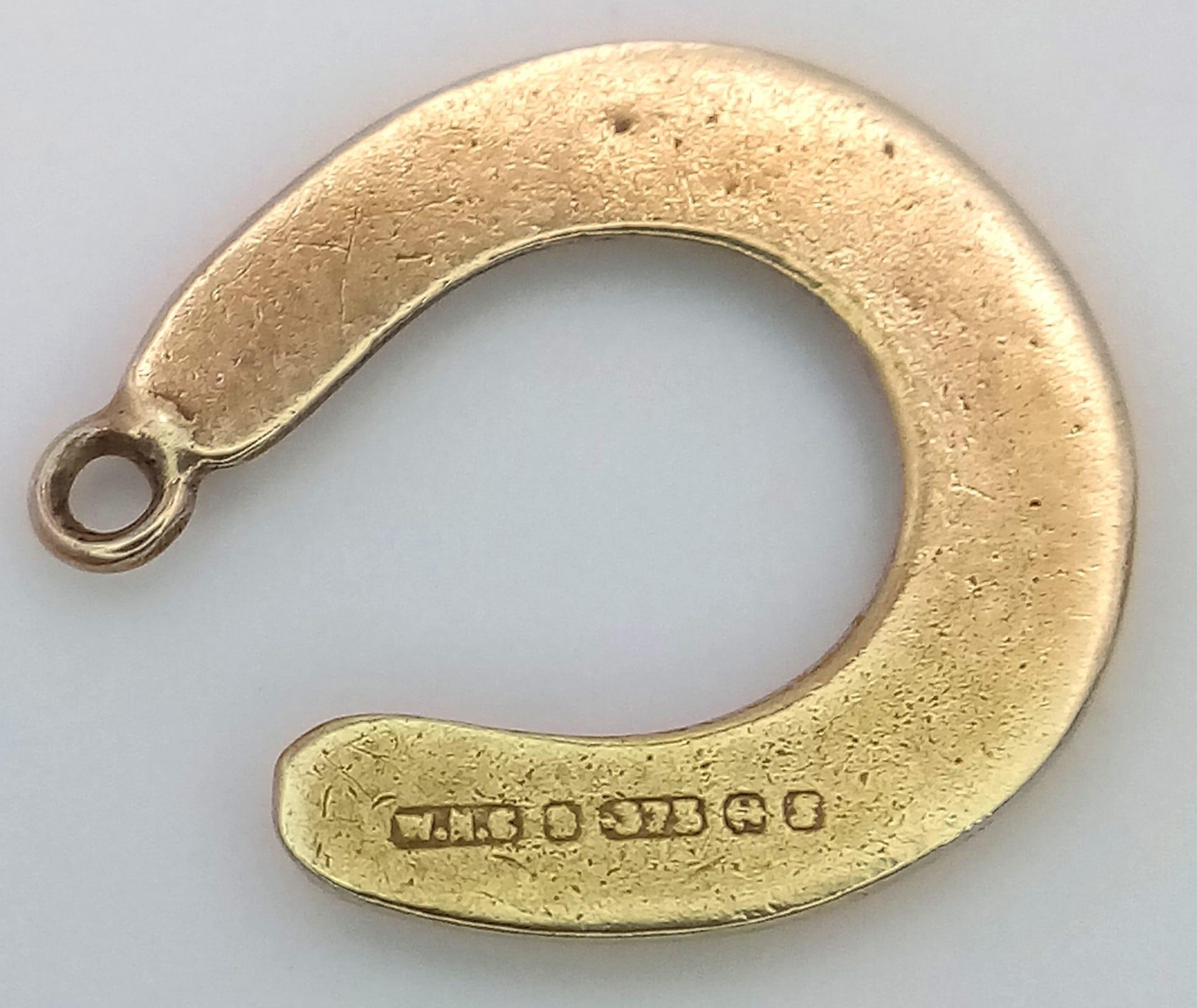 Three 9K Gold Pendants/ Charms - Pram, keys and lucky horseshoe! 2.76g total weight. - Image 2 of 4