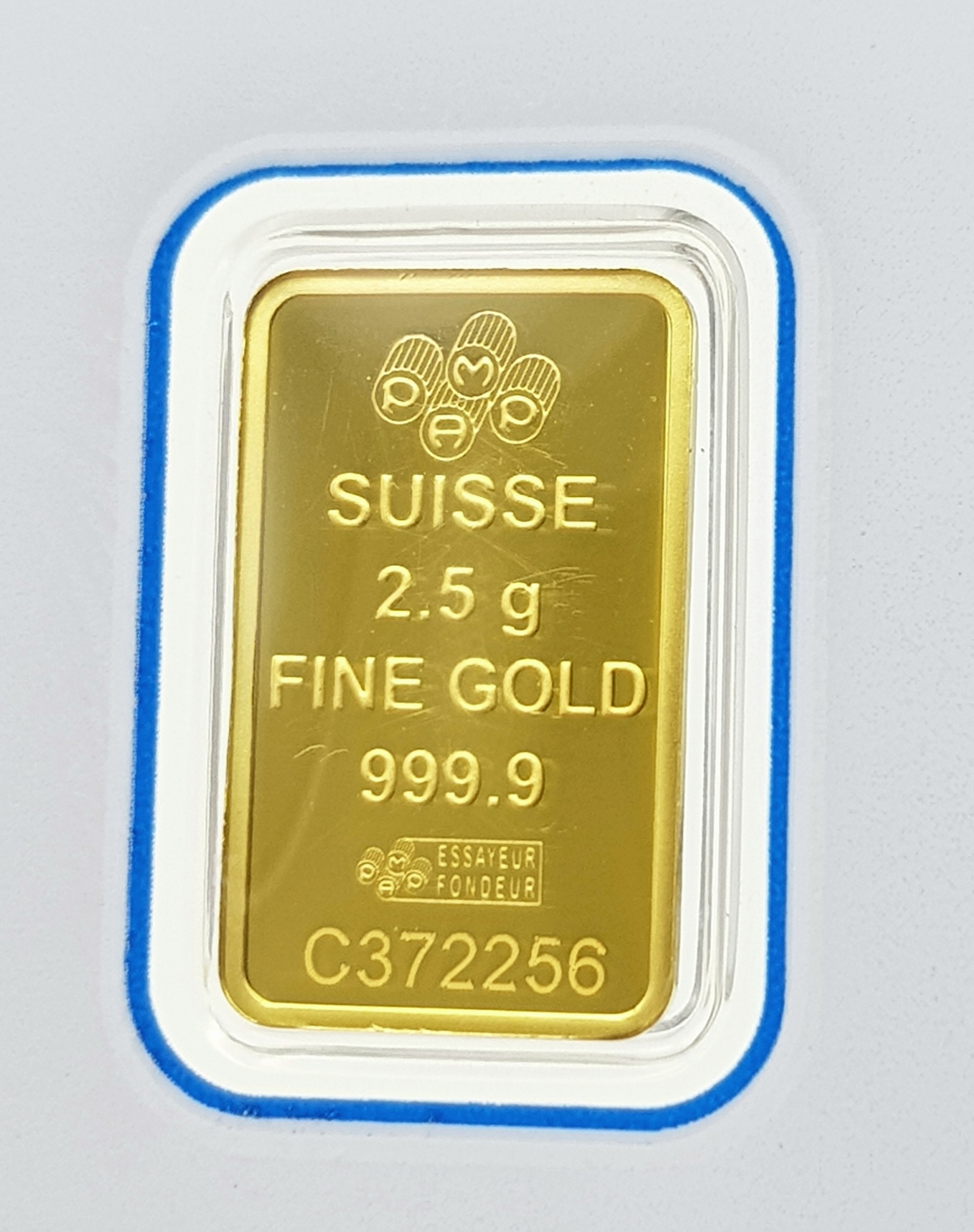 A 2.5g Fine Gold (.999) Swiss Ingot. Comes in a self contained package.