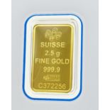 A 2.5g Fine Gold (.999) Swiss Ingot. Comes in a self contained package.