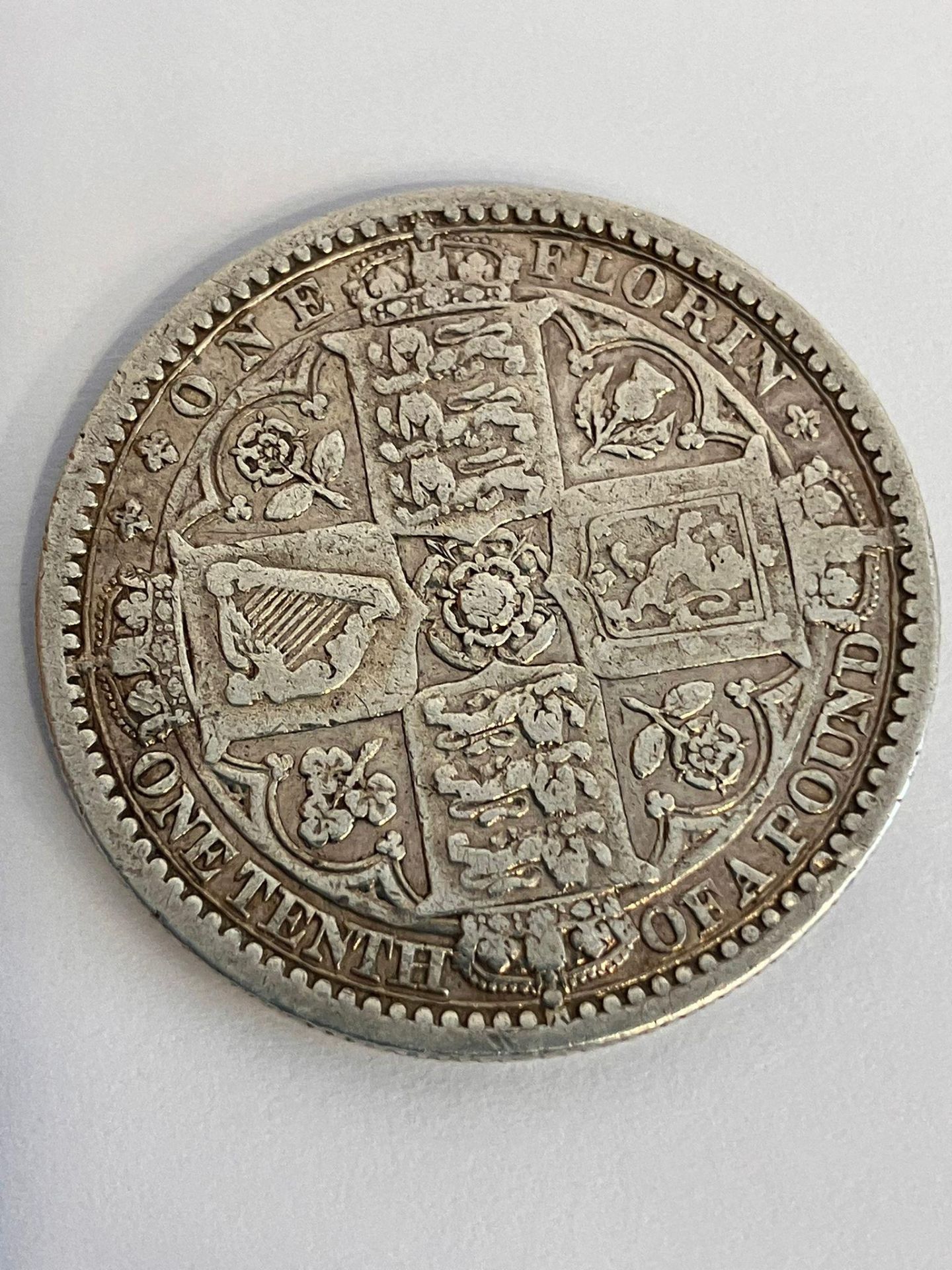 1849 GOTHIC SILVER FLORIN. This coin from the mintage with the infamous missing Del Gratia which