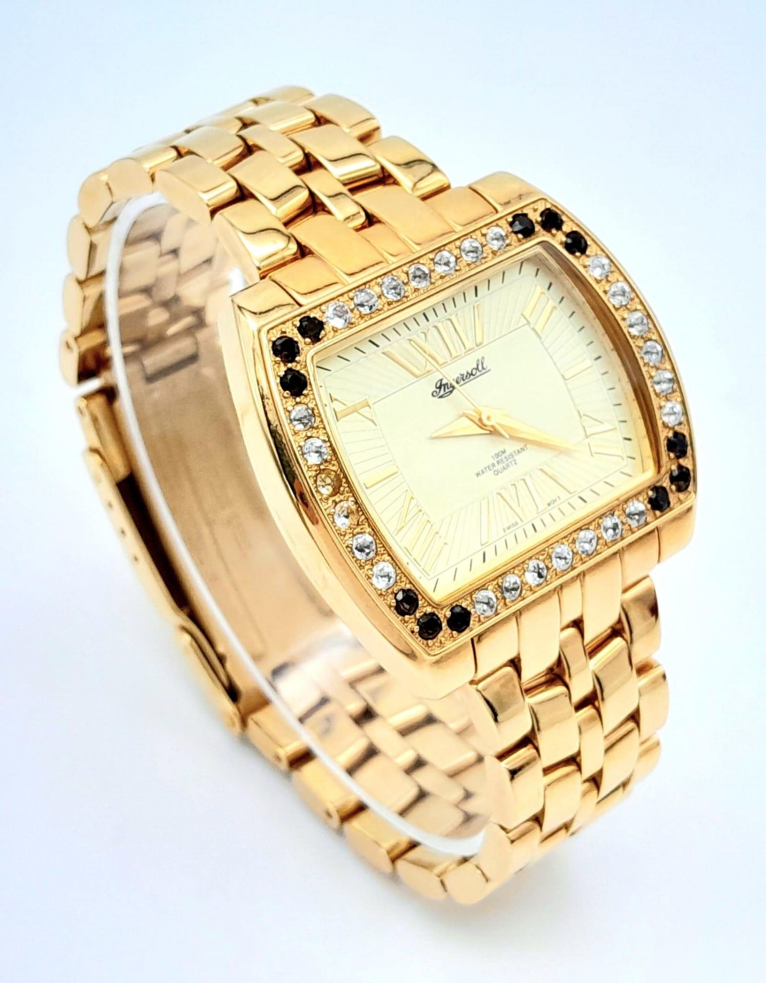 An Ingersoll Gold Plated Stone Set Quartz Ladies Watch. Gold plated bracelet and case - 38mm. - Image 3 of 6