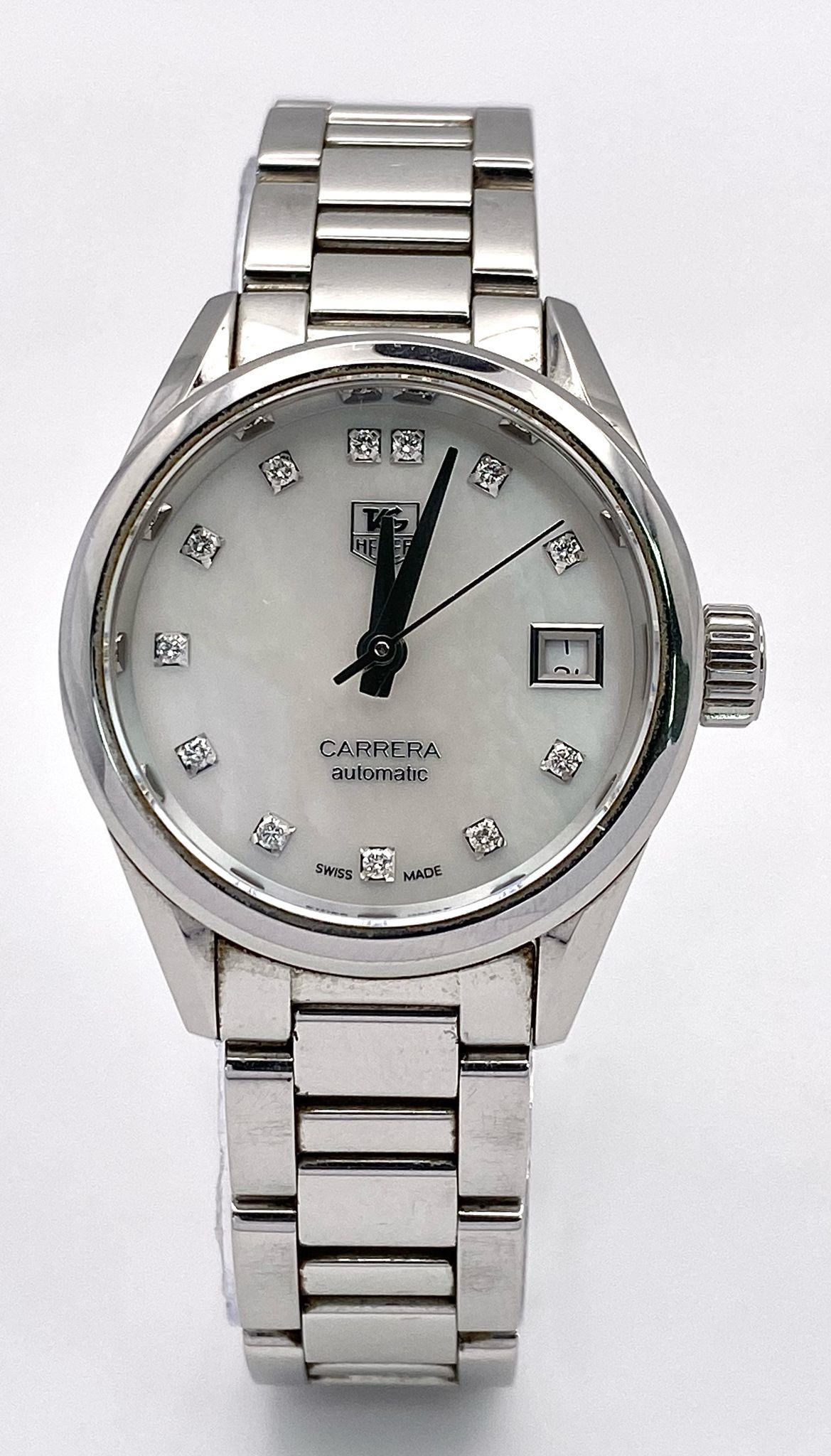 A Tag Heuer Carrera Diamond Ladies Automatic Watch. Stainless steel bracelet and case - 28mm. Mother - Image 2 of 10