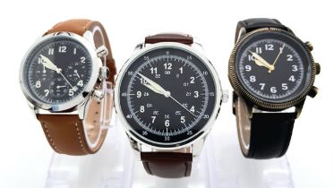 Three Leather Strapped, Homage Watches. Comprising: 1) German Airman’s Date Watch (40mm Case), 2)