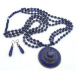 A Vintage Lapis Lazuli three strand necklace with large conical pendant. Also comes with a pair of
