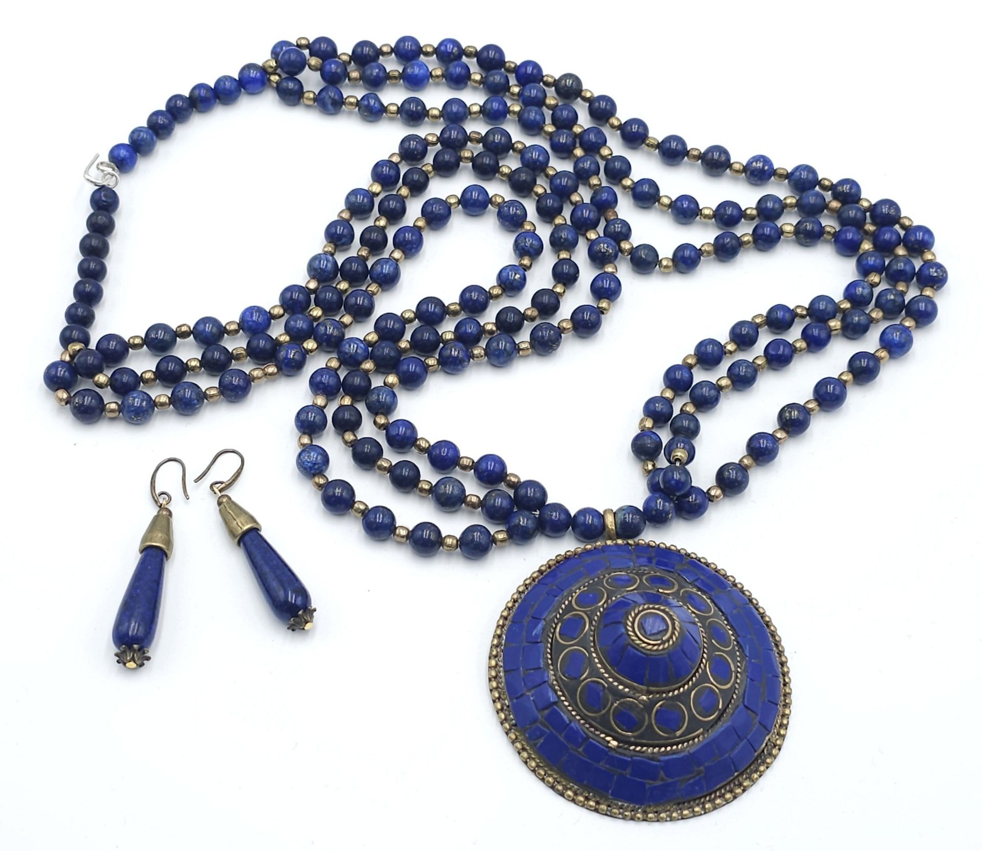 A Vintage Lapis Lazuli three strand necklace with large conical pendant. Also comes with a pair of