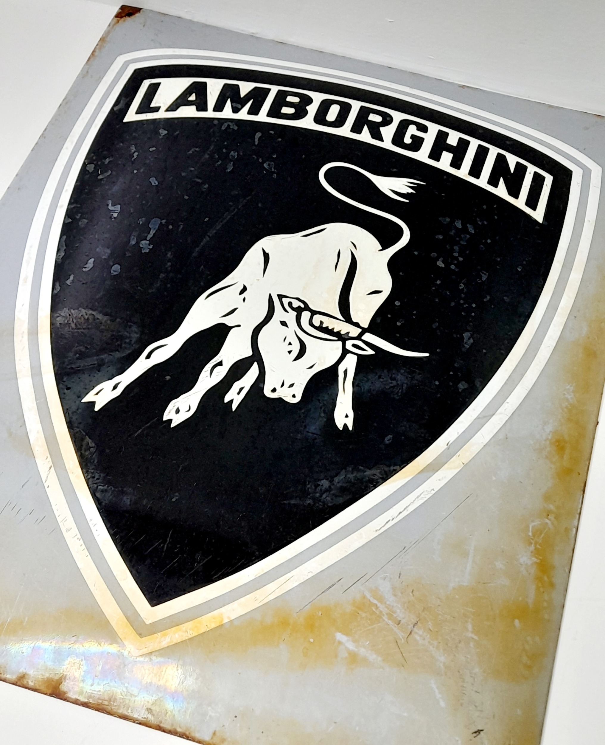 A Rare 1970s Lamborghini Oblong, Convex Enamel Sign - with the Raging Bull in White on Black - Image 2 of 5