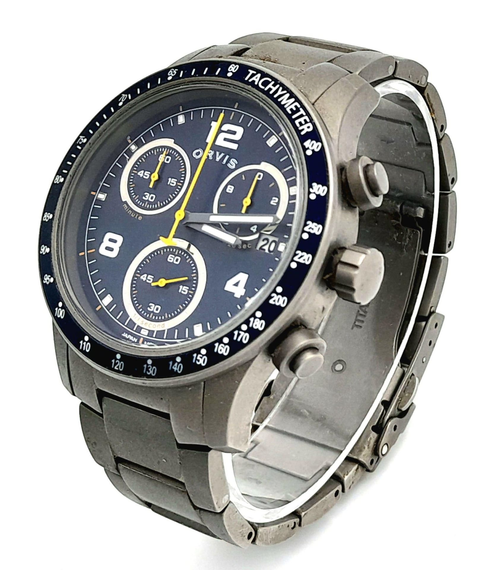 An Orvis Titanium Chronograph Gents Watch. Titanium bracelet and case - 43mm. Blue dial with three