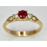 AN 18K YELLOW GOLD DIAMOND & RUBY RING. 0.20ctw, size O, 2.8g total weight. Ref: SC 8074