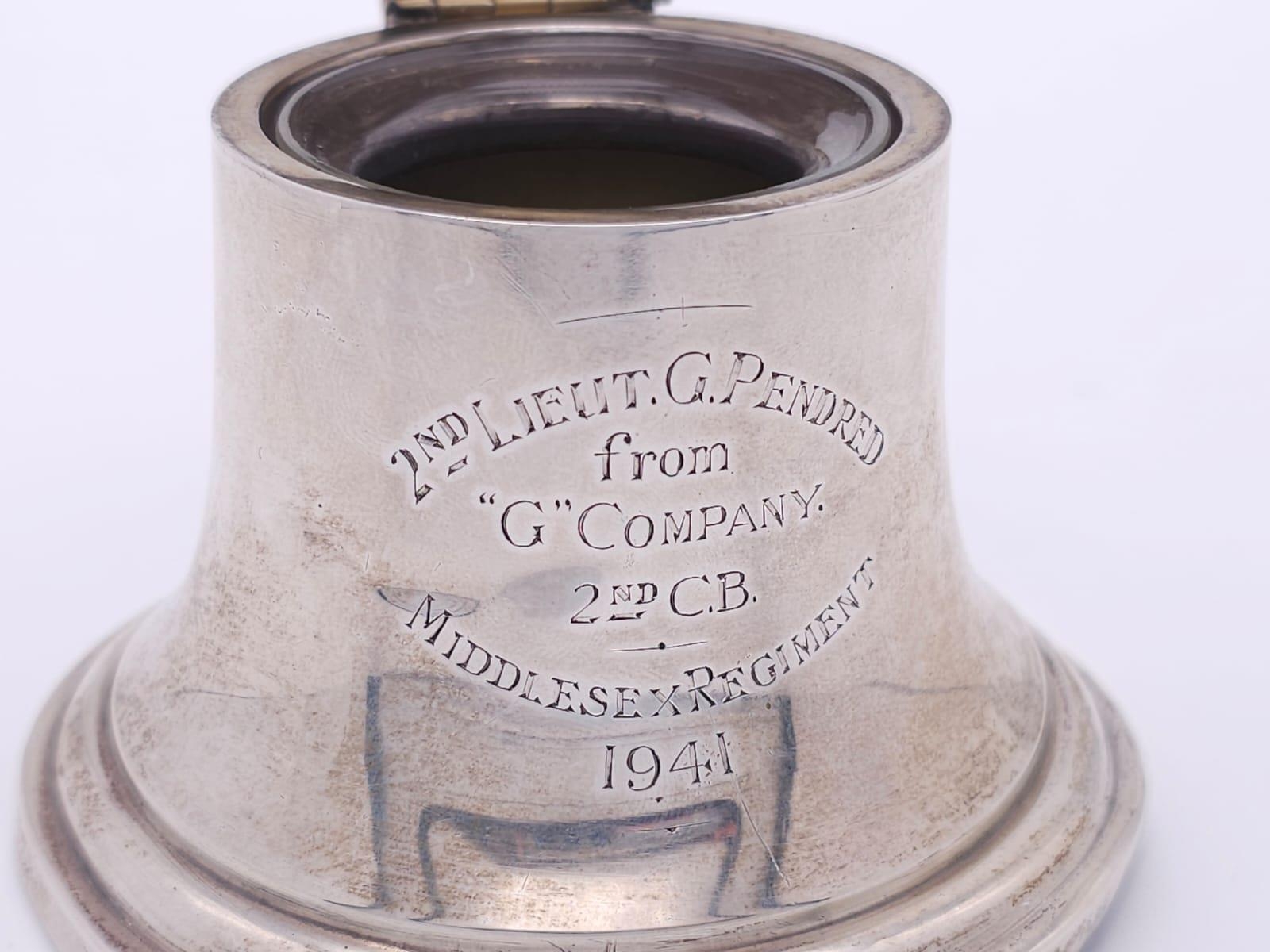 A WW2 Era Silver Inkwell in the Form of a Bell - Dedicated to 2nd Lieutenant G. Pendred from 'G' - Image 6 of 10