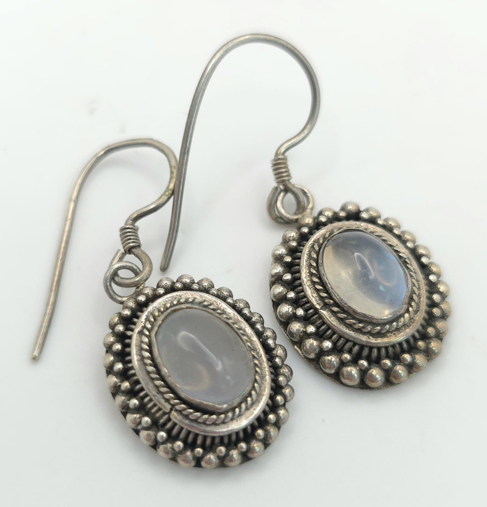 A Pair of Vintage Sterling Silver Moonstone Cabochon Earrings. 3.2cm Drop. Set with 8mm Oval Cut