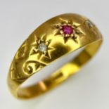 AN 18K YELLOW GOLD DIAMOND & RUBY VINTAGE RING. Size M, 2.5g total weight. Ref: SC 8061