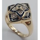 An Exquisite and Unique, Vintage, 9K Yellow Gold Diamond and Sapphire, Art Deco Design Cluster Ring.