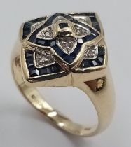 An Exquisite and Unique, Vintage, 9K Yellow Gold Diamond and Sapphire, Art Deco Design Cluster Ring.