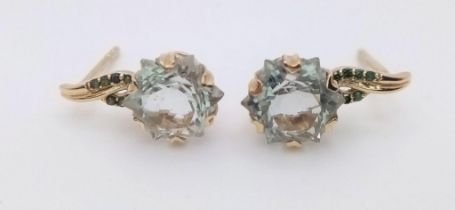 A Pair of 9K Yellow Gold Prasiolite (snowflake cut) Earrings. 2.62g total weight.
