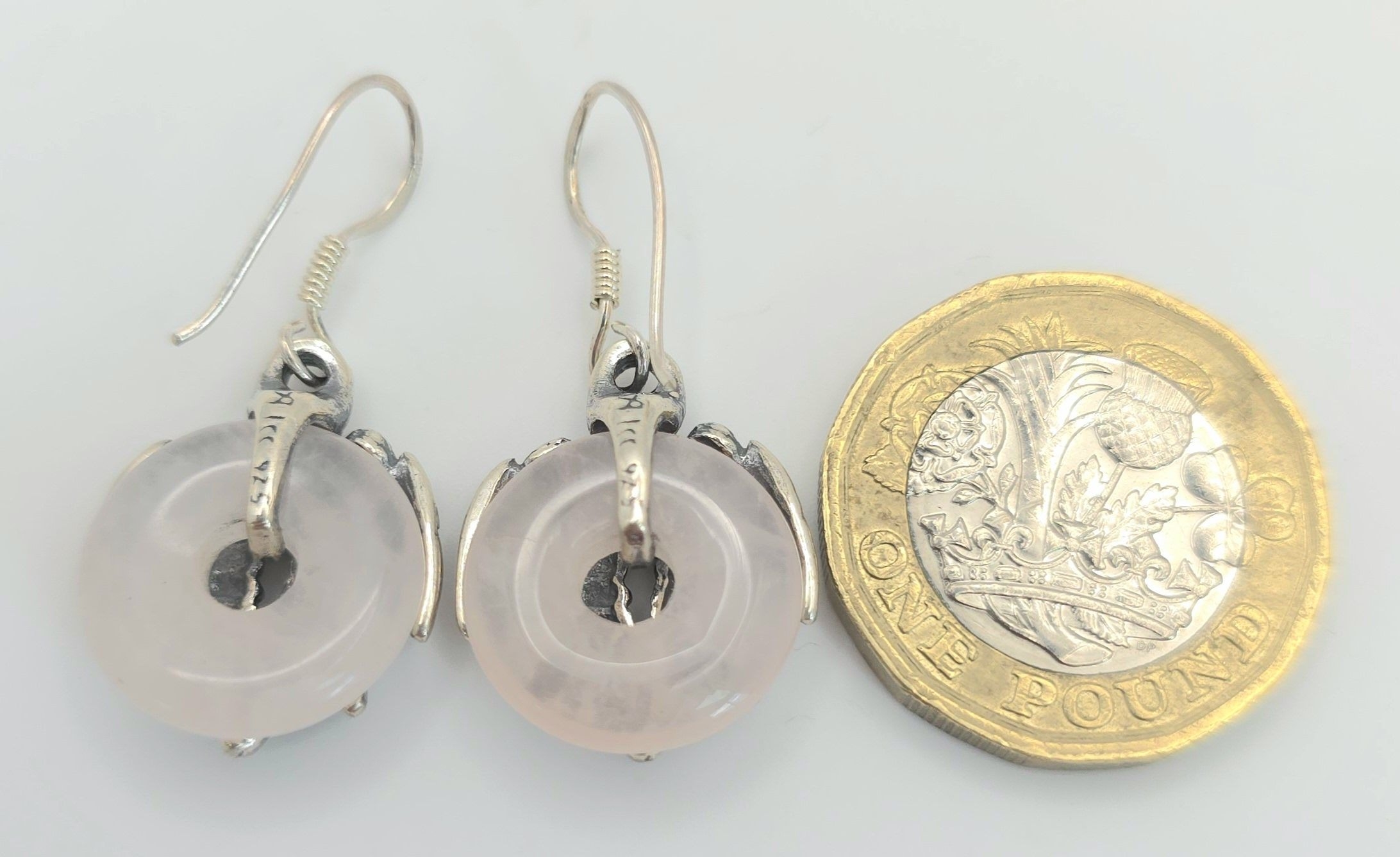 A Unique Pair of Sterling Silver and Rose Quartz Angel Design Earrings. 3cm Drop. 1.5cm Wide. - Image 4 of 5