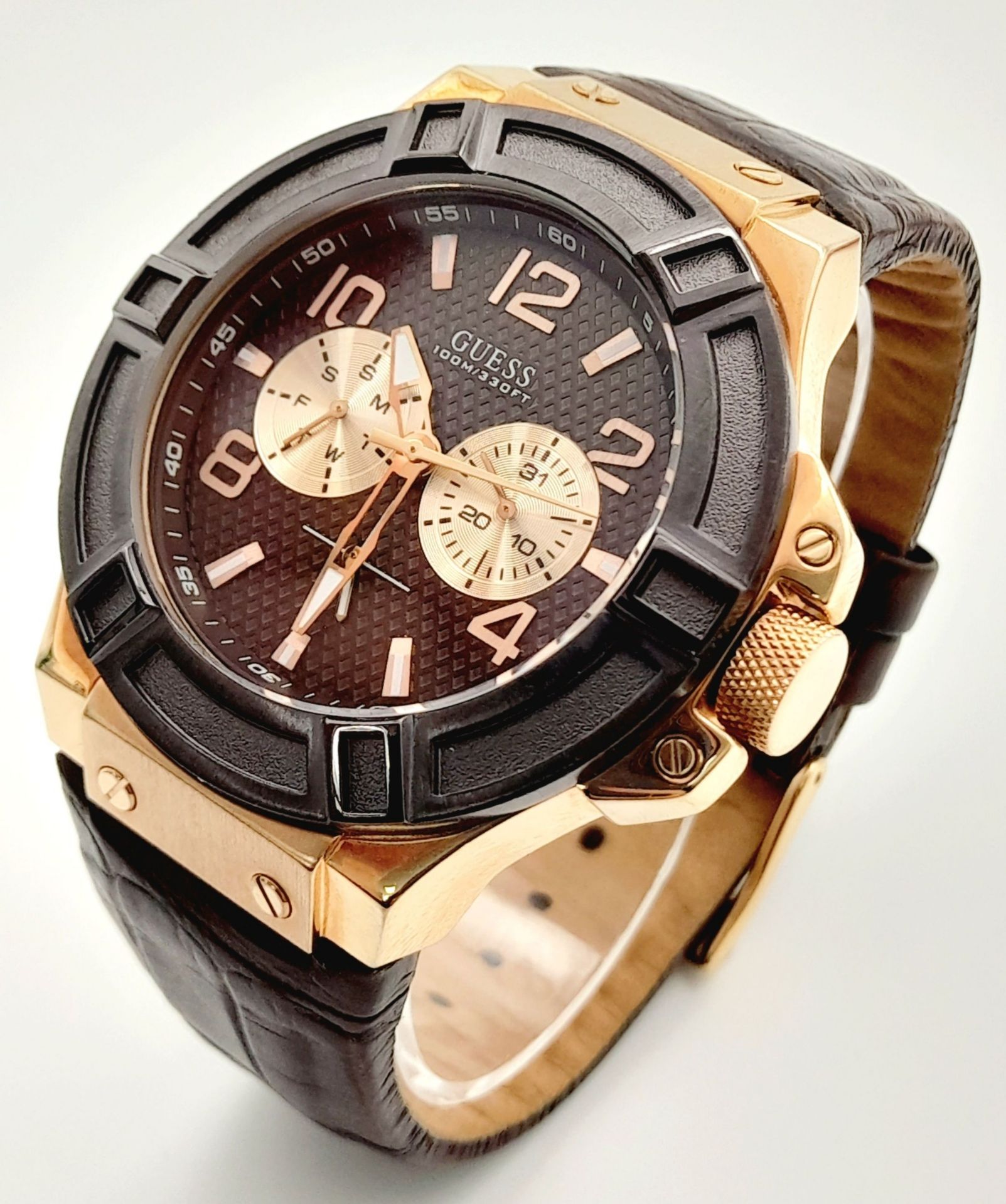 A Men’s Rose Gold-Toned Sports Fashion Watch by Guess (45mm Case). Full Working Order. - Image 2 of 6