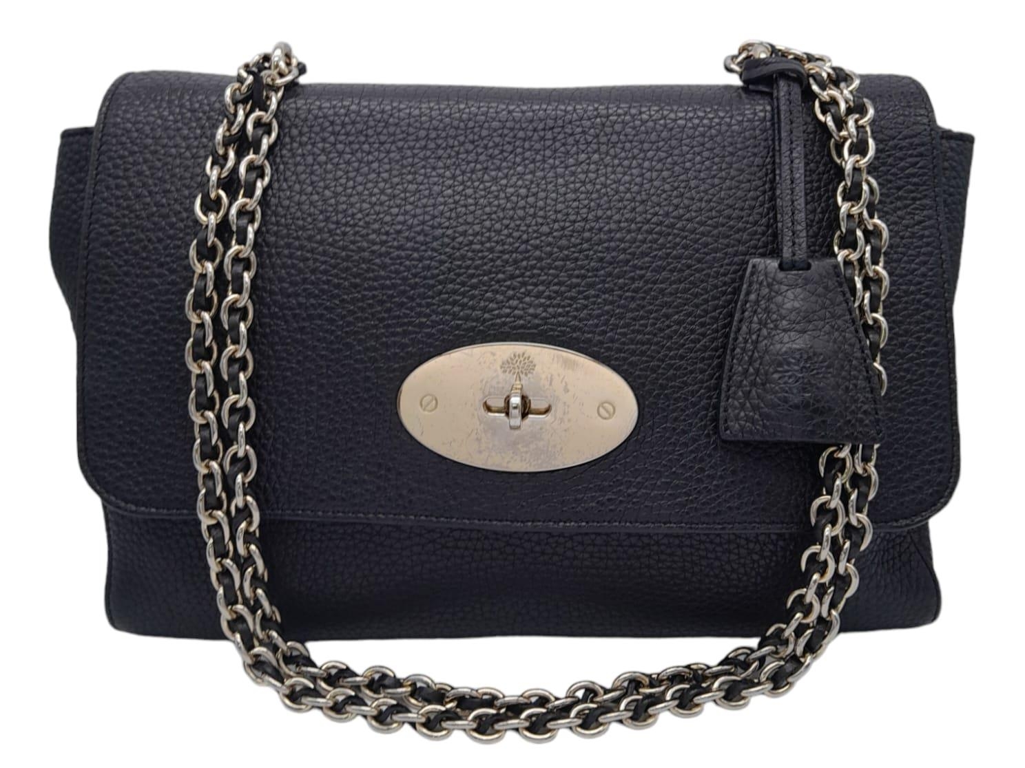 A Mulberry Black 'Lily' Bag. Leather exterior with gold-toned hardware, chain and leather strap,