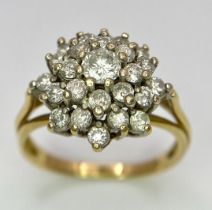 AN 18K YELLOW GOLD DIAMOND CLUSTER RING - 1CTW. 4.2G. SIZE L 1/2.