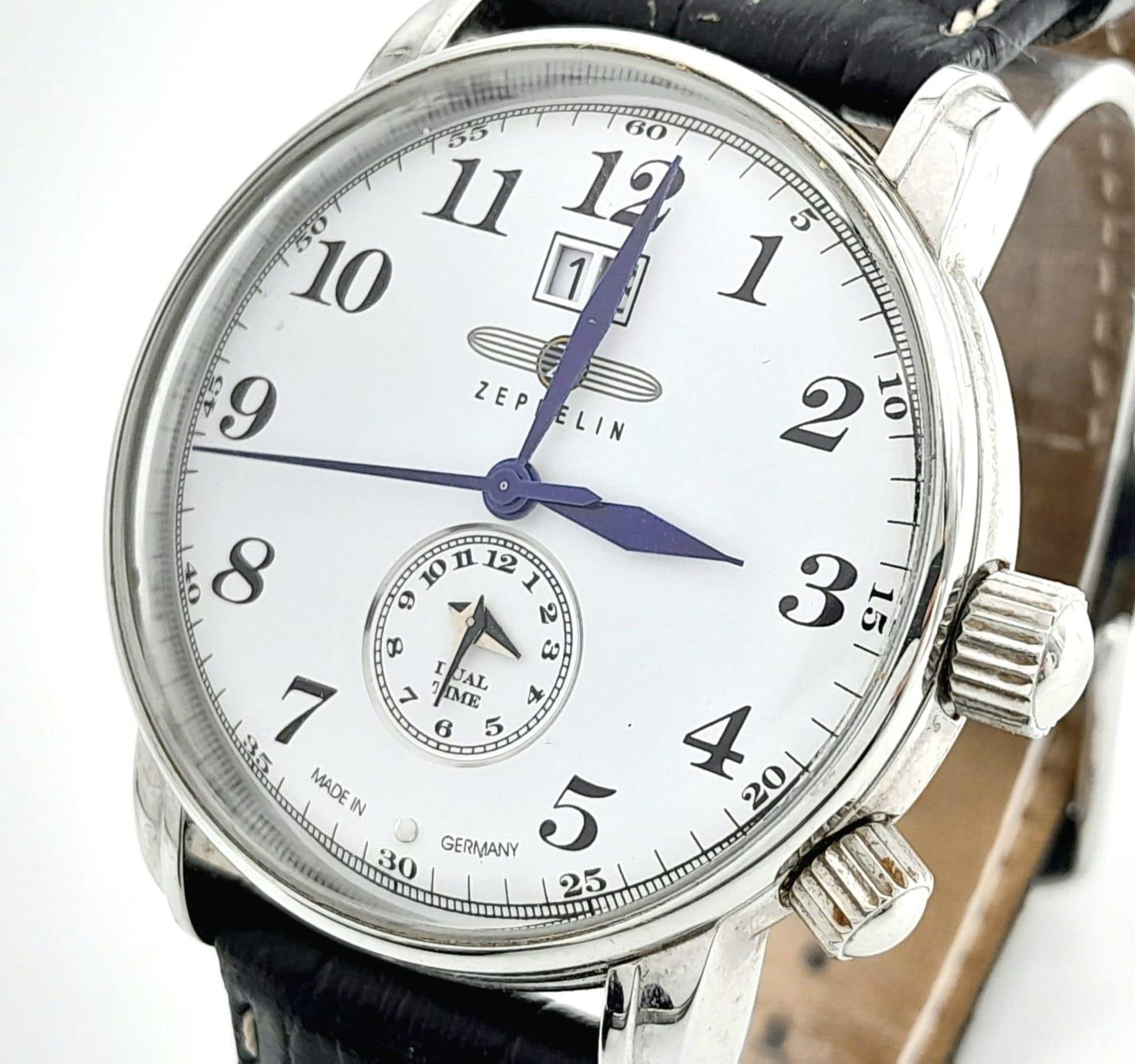 A German Made Zeppelin Dual Time Gents Quartz Watch. Black leather strap. Stainless steel case - - Image 2 of 7