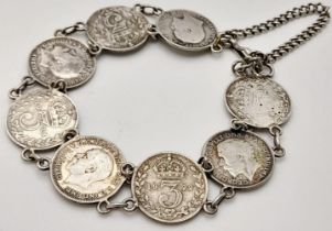 A Vintage Silver Three Pence Coin Bracelet. 18cm Length. Coins Dating from 1910-1926. Gross Weight