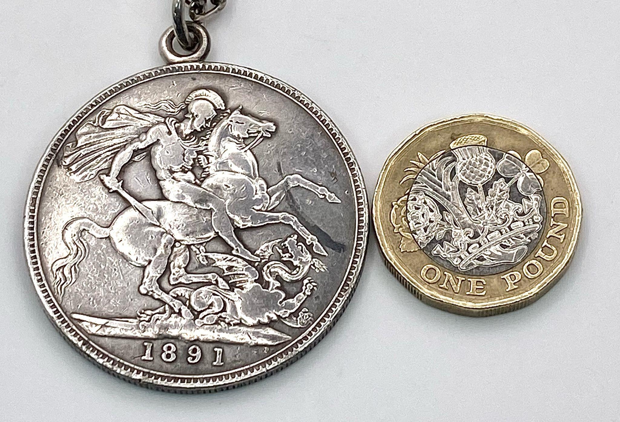 An 1891 Queen Victoria Silver Crown in a Pendant Setting on a Sterling Silver Chain. 41.21g total - Image 5 of 6