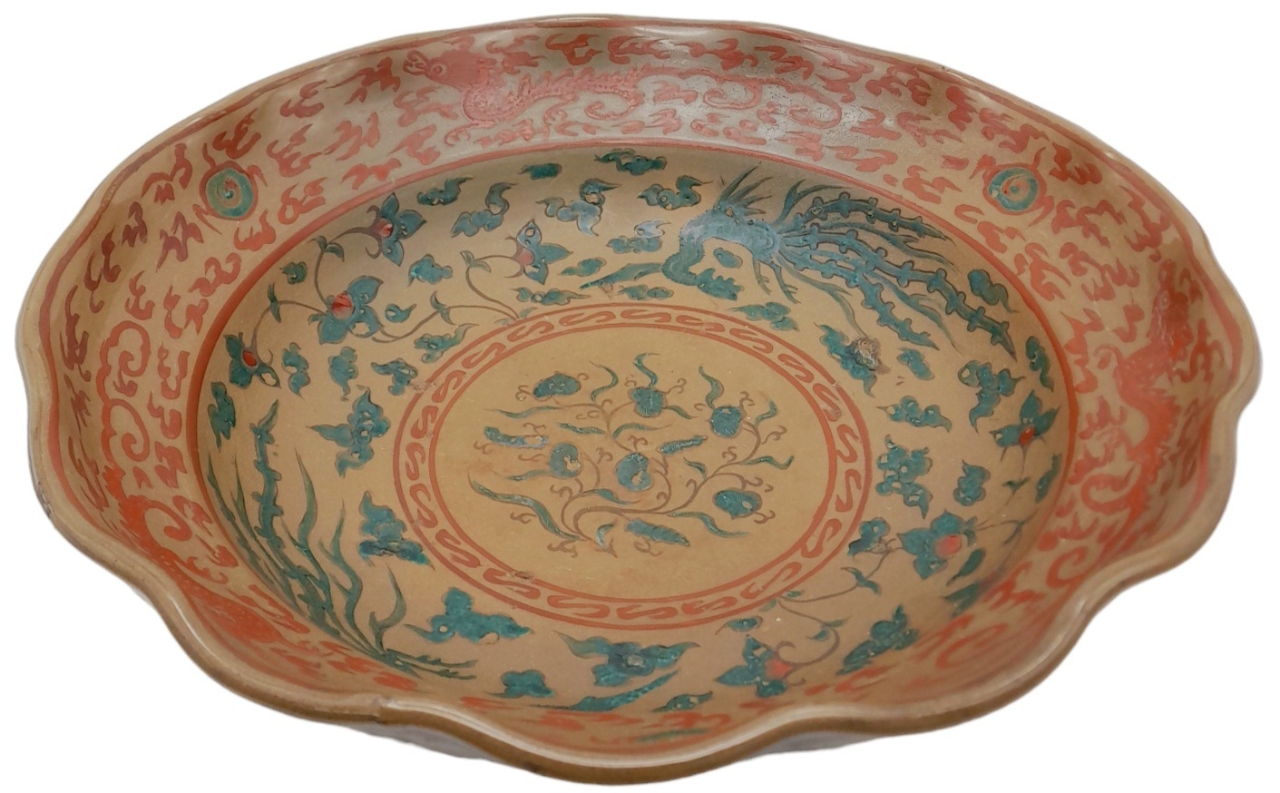 An Antique Large Chinese Ceramic Plate. Colourful green and red decorative dragon overglaze. 35cm - Image 2 of 7