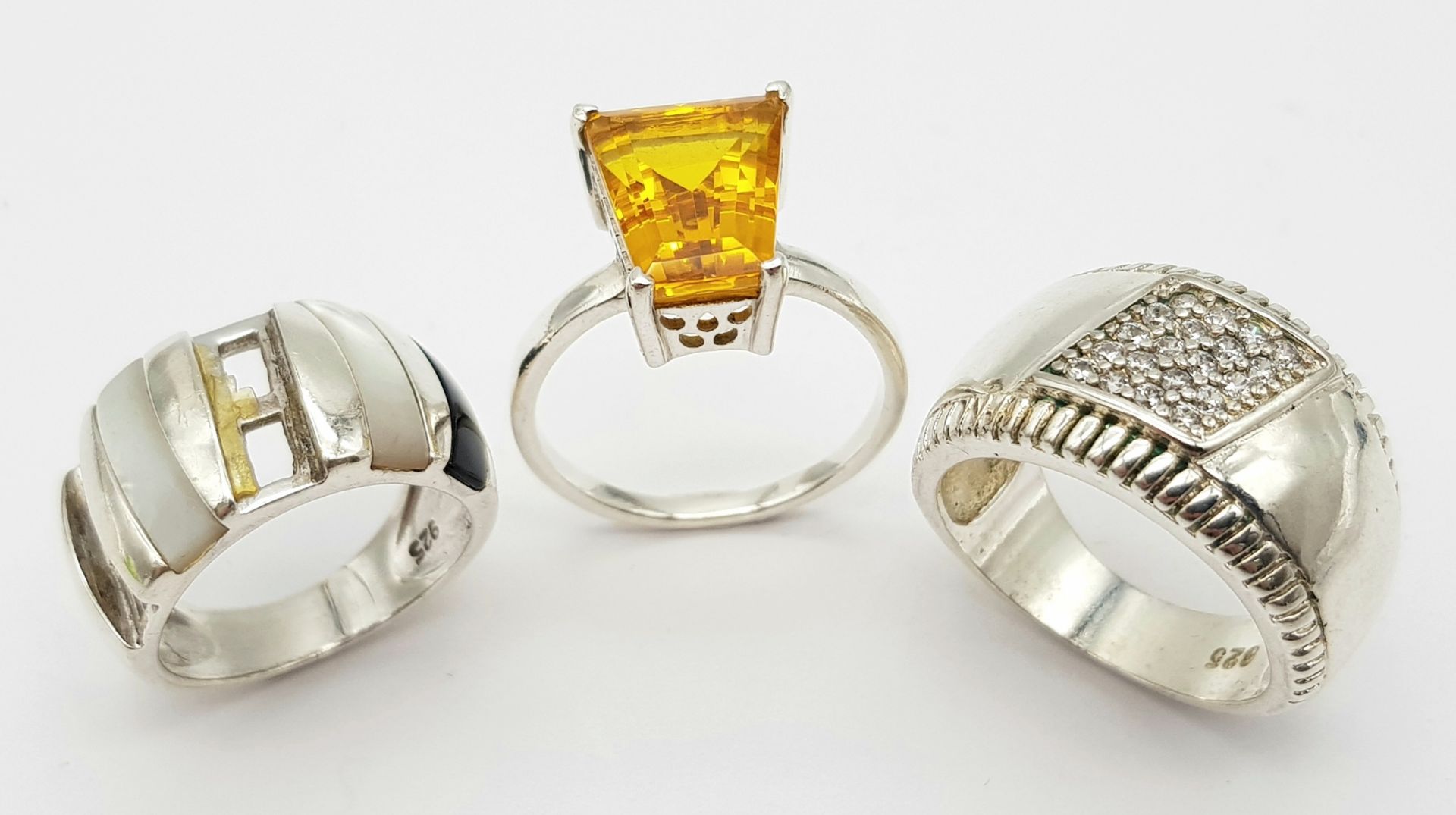 Three Different Style 925 Silver Rings. Sizes: K, P and Q.
