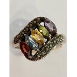 Vintage SILVER MARCASITE and MULTI GEMSTONE RING. Having Bagette cut gemstones set to top with