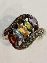 Vintage SILVER MARCASITE and MULTI GEMSTONE RING. Having Bagette cut gemstones set to top with