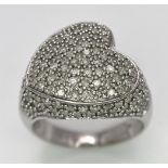 A 9K White Gold Diamond Heart Cluster Ring. Size Q. 7.5g total weight.
