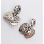2 x Pandora Sterling Silver Heart Charms - one says 'Family' and the other says 'First My Mother,