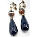 A Pair of Banded Agate and Jet Drop Earrings. 4cm drop.