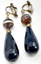 A Pair of Banded Agate and Jet Drop Earrings. 4cm drop.