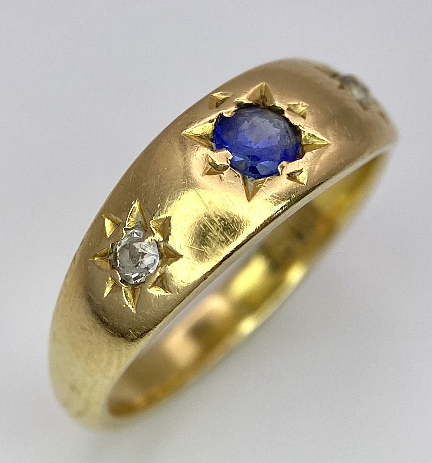 A Vintage 18K Yellow Gold Diamond and Sapphire Gypsy Ring. Size L. 4.6g total weight. - Image 2 of 6