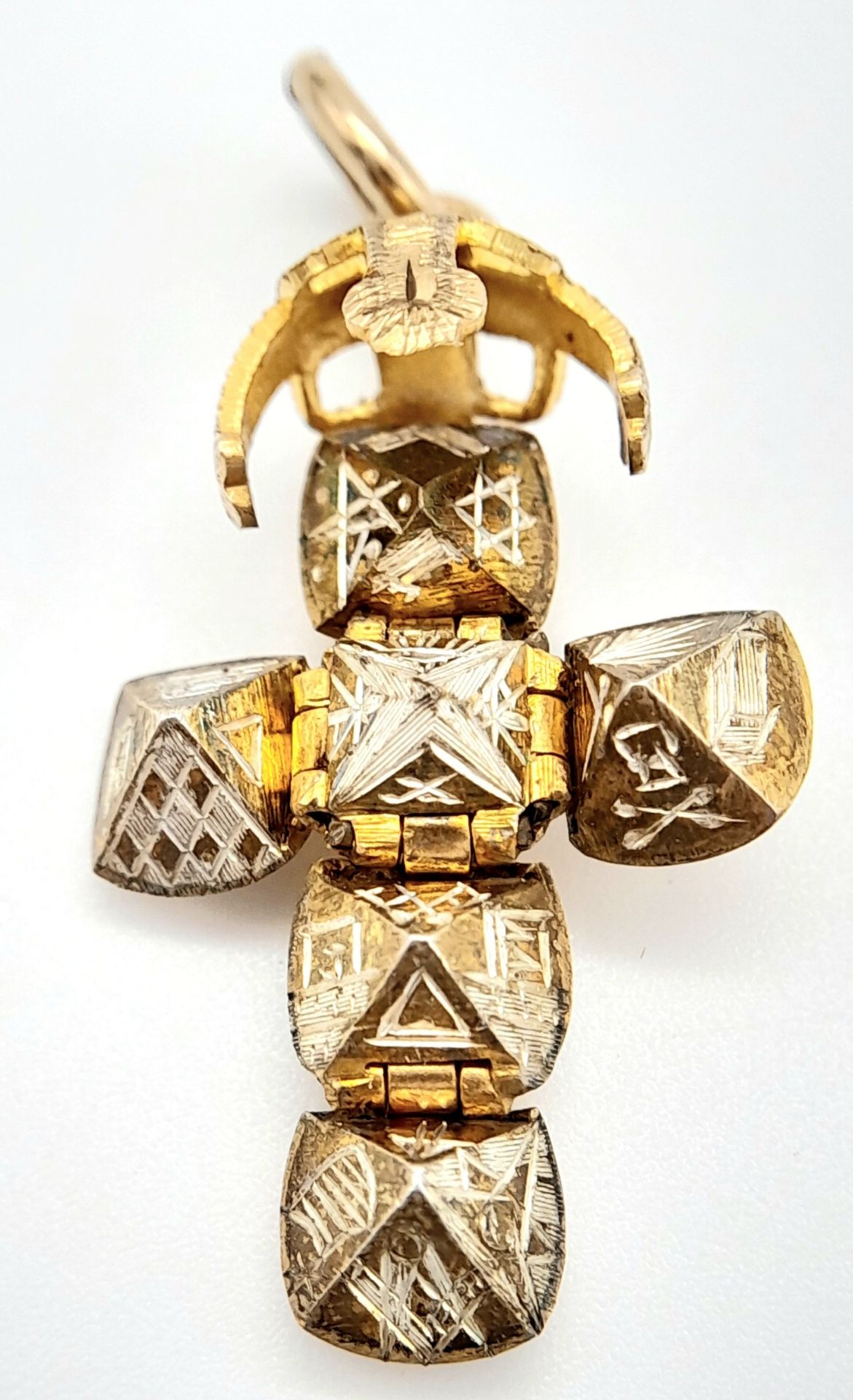 A Vintage 9K Gold Masonic Opening Orb Pendant - Silver Interior, Opens to reveal masonic symbols.