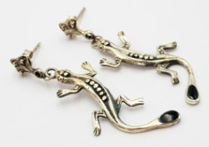 A Pair of Black Onyx Set Lizard Design Earrings. 4.4cm Drop. Set with 4mm Long Oval Cut Onyx.