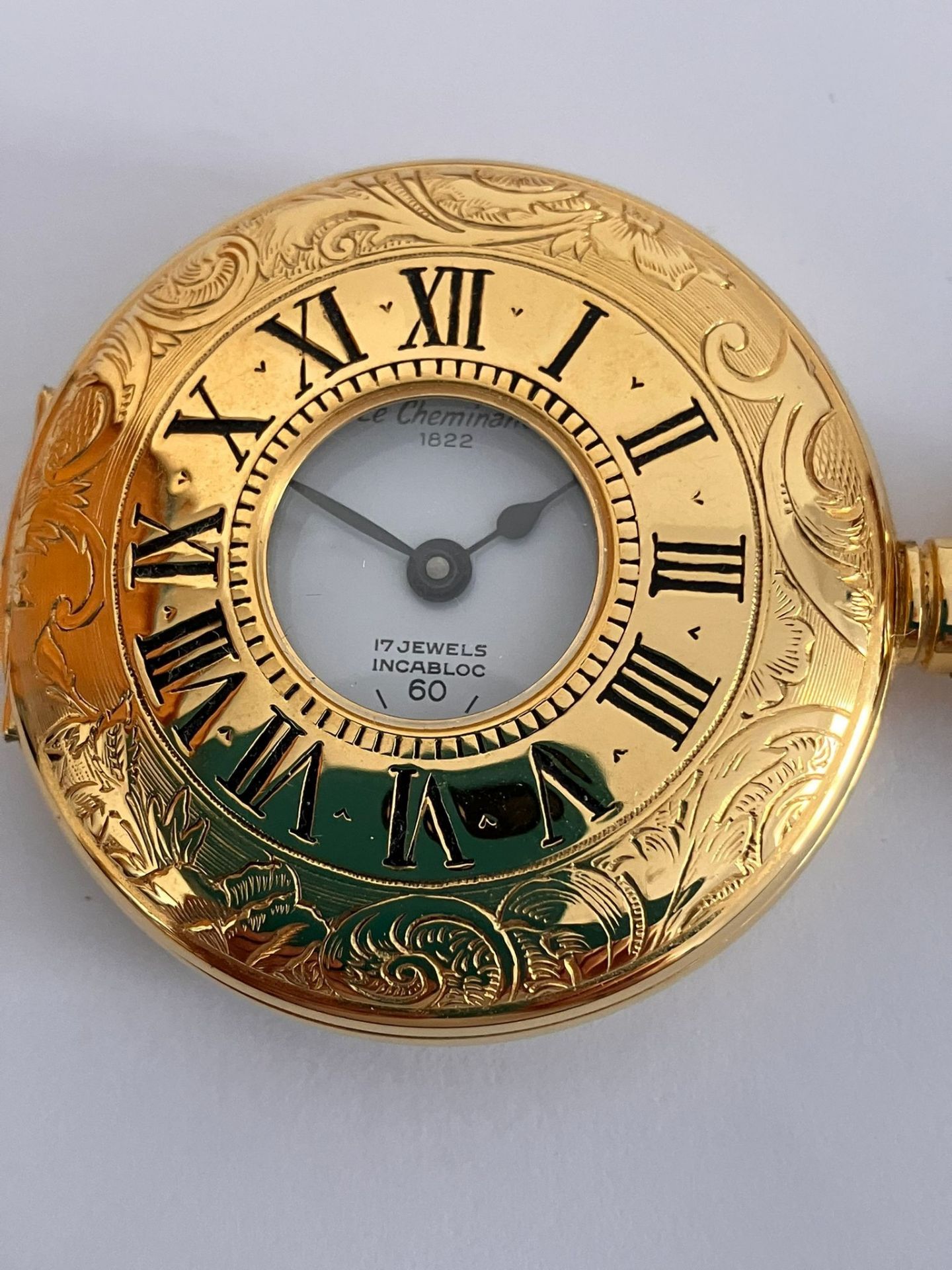 Le CHEMINANT Gilded HALF HUNTER POCKET WATCH.Having gilded chain with clasp and T-bar. Manual - Bild 6 aus 11