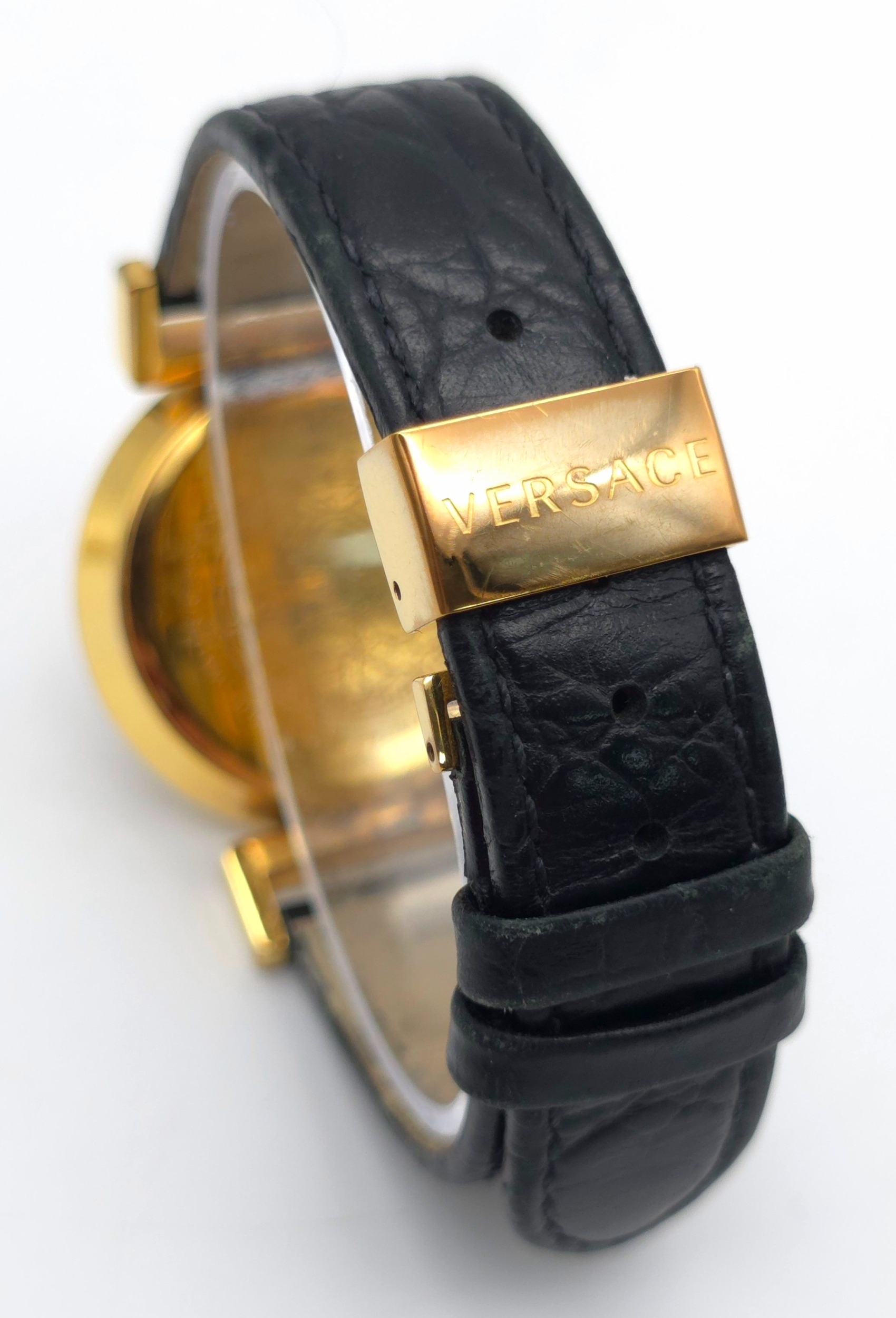 A Versace Designer Quartz Ladies Watch. Black leather and gilded strap and case - 35mm. Black dial - Image 5 of 8