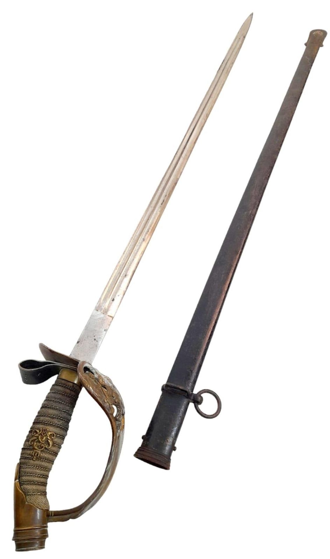 An Antique Prussian Cavalry Sword. Straight blade. Markings of M. Neuman, Berlin. Gilt brass hilt.