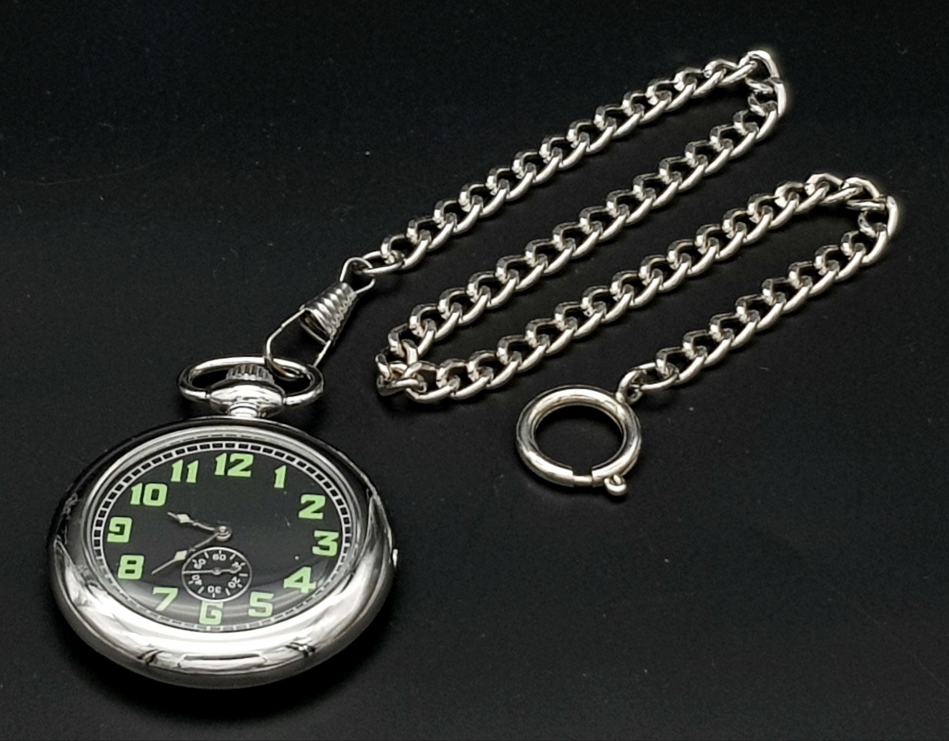 A British Navy Pilot Designed Pocket Watch on 35cm Albert Chain. 47mm Case. Full Working Order.